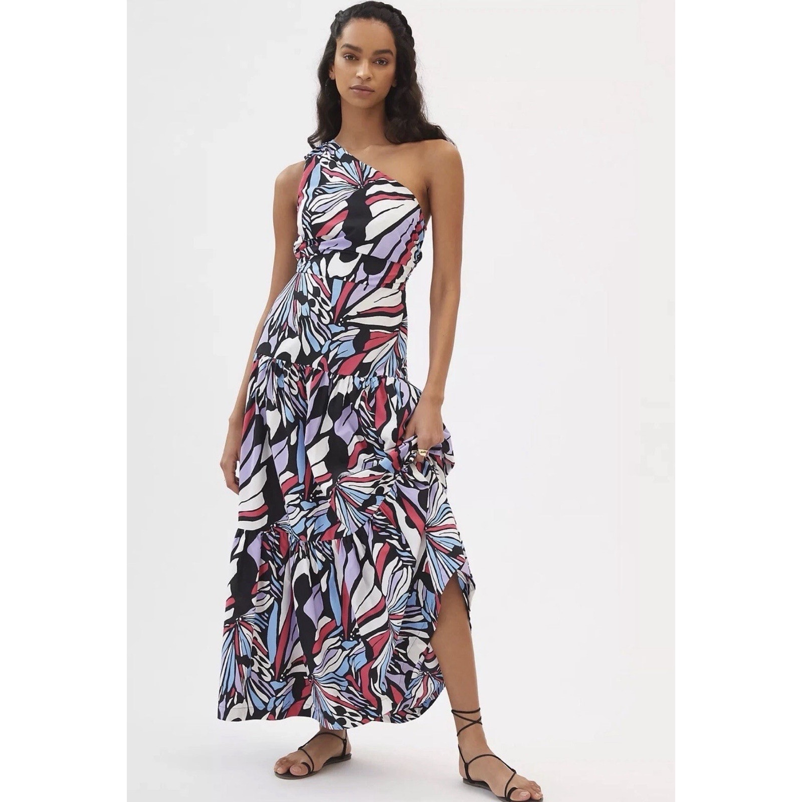 Maeve Anthropologie Dress Maxi Multi Bohemian One Shoulder Beach Tiered Sz 6 Euc